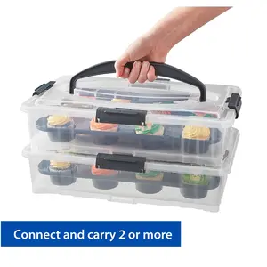 Rectangular Clear Plastic Dessert Carrier with Dark Gray Handle and Clasps, Includes Slice-and-Serve Utensil (1 Each) - 18" x 12" x 4.3" - Boxes, Organiser Containers Kitchen