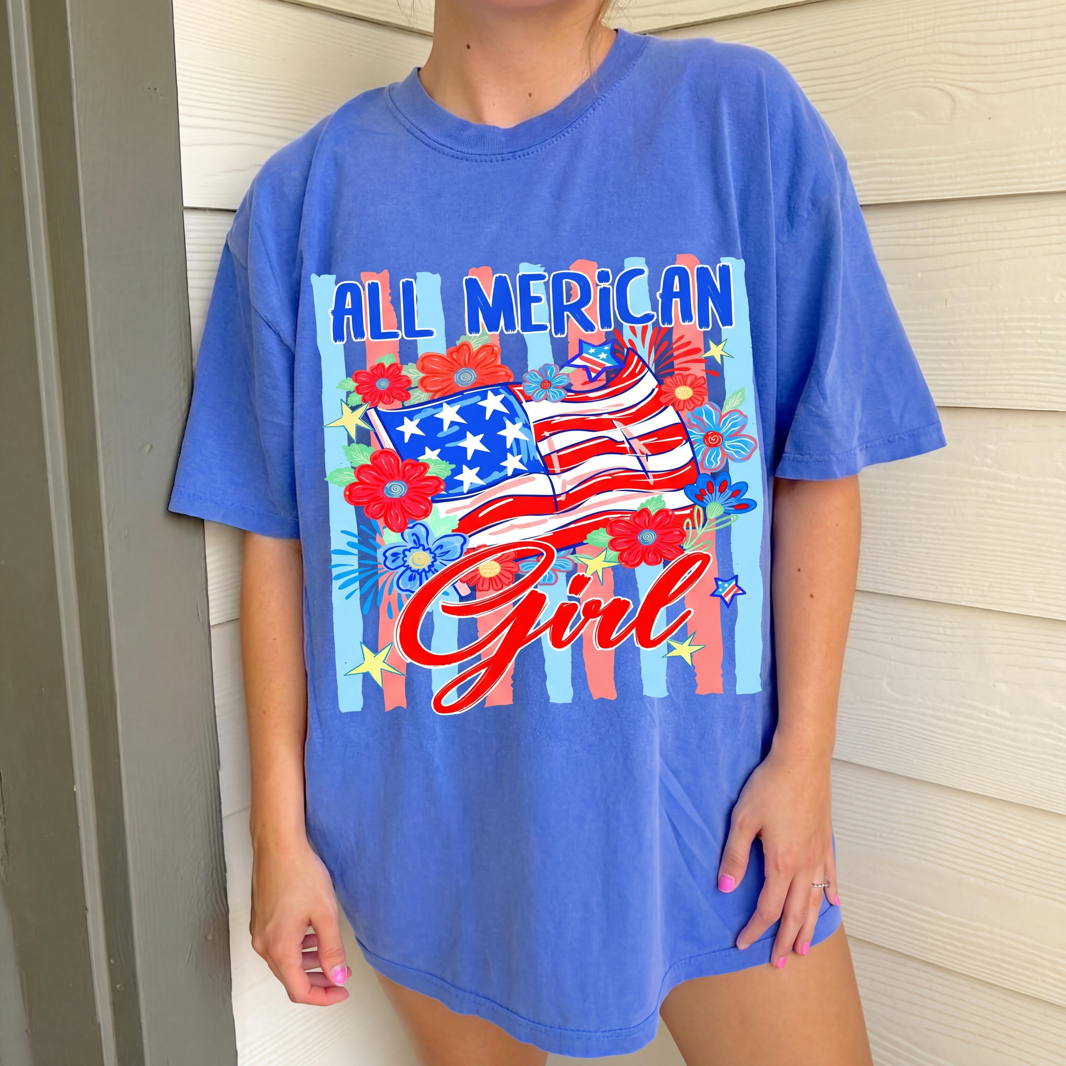 Comfort Colors All American Girl Shirt, Floral Flag Graphic Tee, Patriotic 4th of July T-Shirt, Red White Blue USA Summer Gift for Her