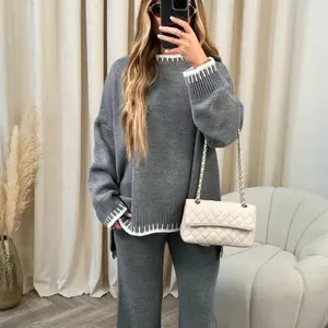 Women's 2Pcs Color Block SweatelSet Long Sleeve Crew Neck Sweater TopAnd Long Pants, Women Casual 2 PiecesAutumn Winter Outfits Loungwear Set cashmere faux top sweater solid pullover sweater jumper top quince dupe