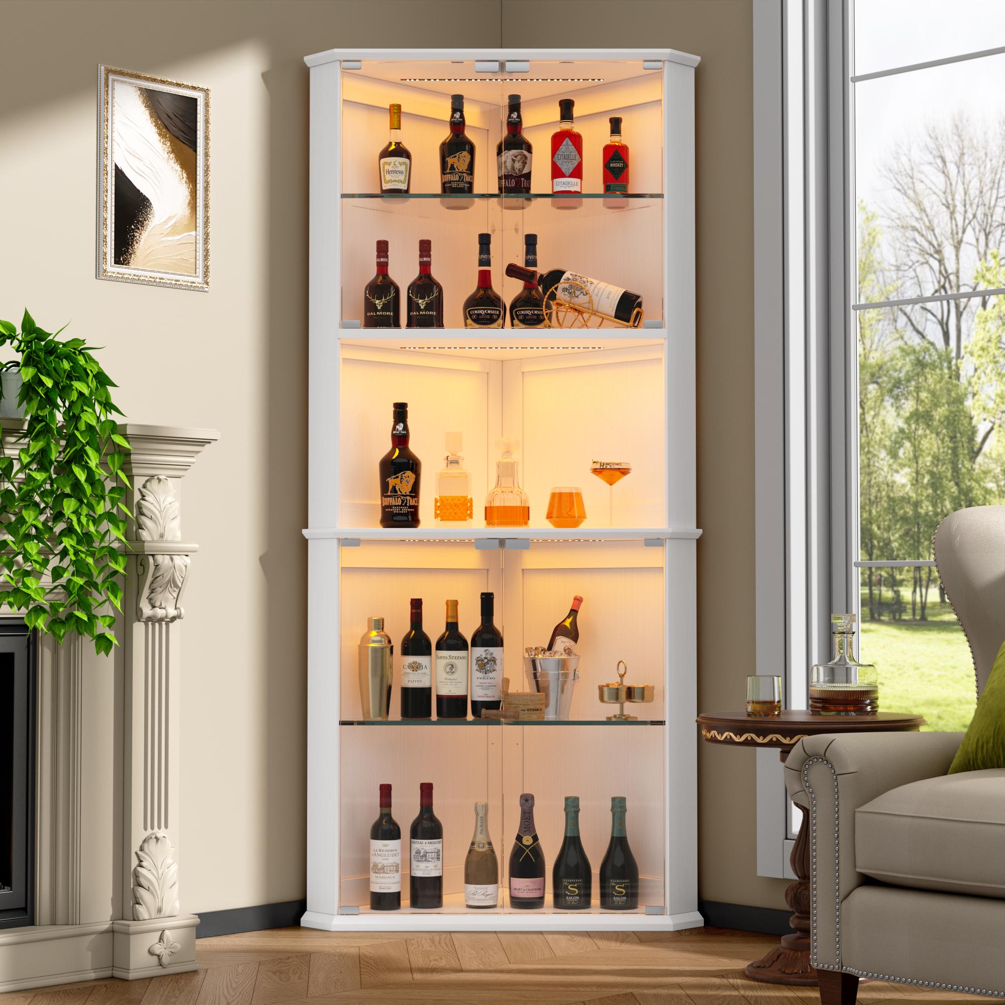 kepptory 71.8" Corner Display Cabinet with LED Lights, 6-Tier Tall Curio Cabinet with Adjustable Glass Shelves&Glass Door, Wine Cabinet for Living Room, Home Bar