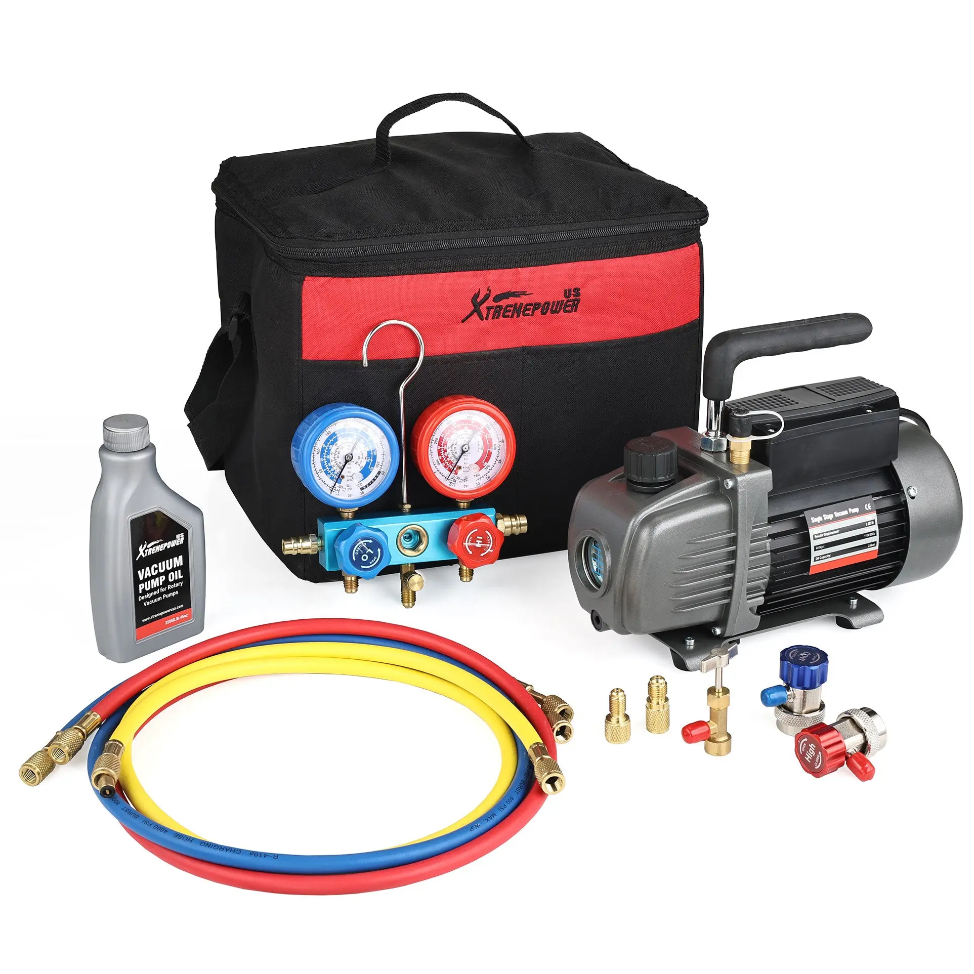 XtremepowerUS 4.5CFM 1/3HP Vacuum Pump Full Kit with AC Manifold Gauge, 110V/60Hz, 1720 RPM, Quick Connect, Carrying Bag, Composite Anti-Slip Rubber, Compatible with HVAC Refrigerants R134a,R22,R410a,R12, Includes 1 Oil Bottle, Aluminum