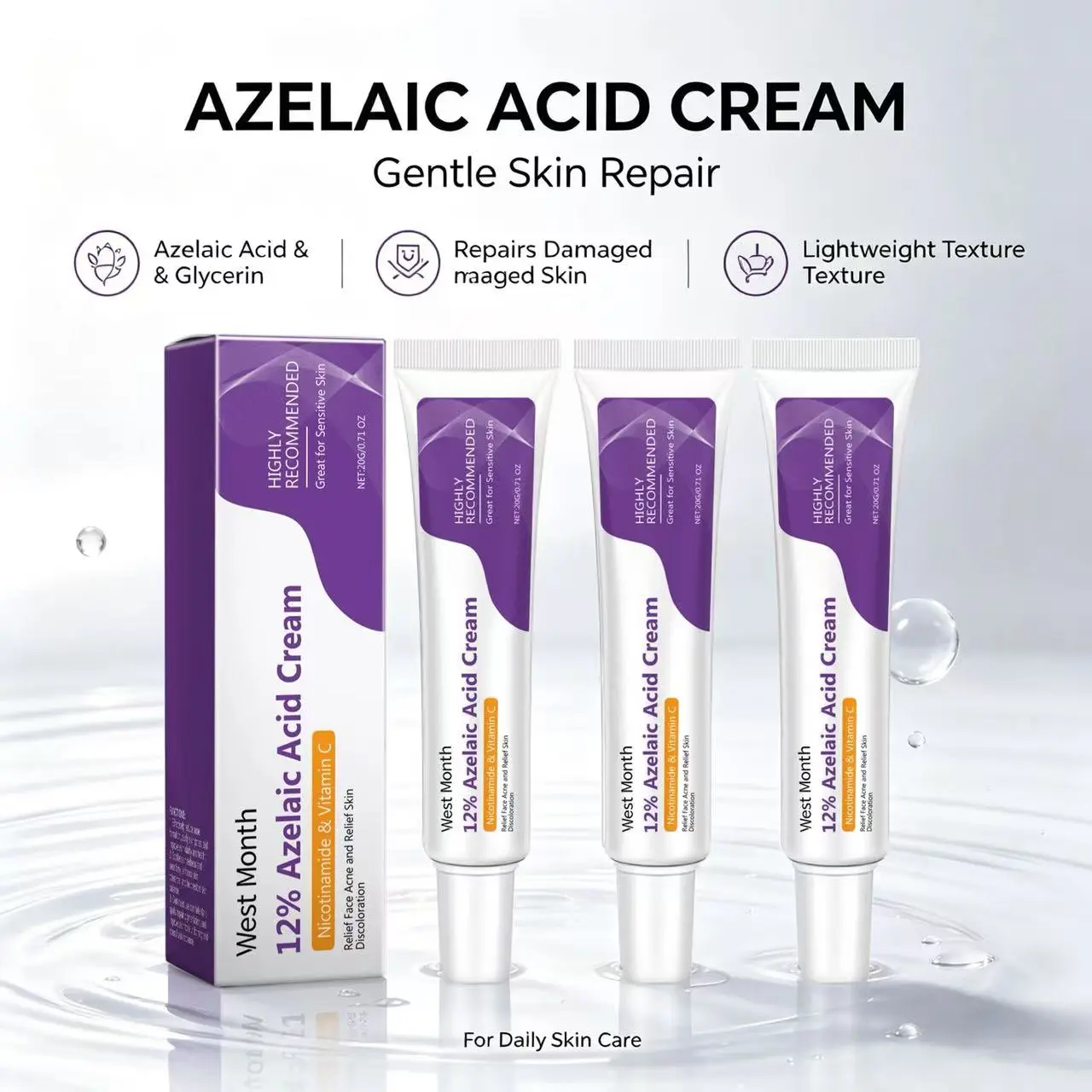 [3-pack]，12% Azelaic Acid Gel-Cream with Niacinamide & Vitamin C - Azelaic Acne Treatments, Anti-Acne Brightening Face Serum, Skin Repair Moisturizer for Adult Redness-Prone Barrier-Reinforcing Care, Azaelic Acid, Blemish Clearing Acne Treatments