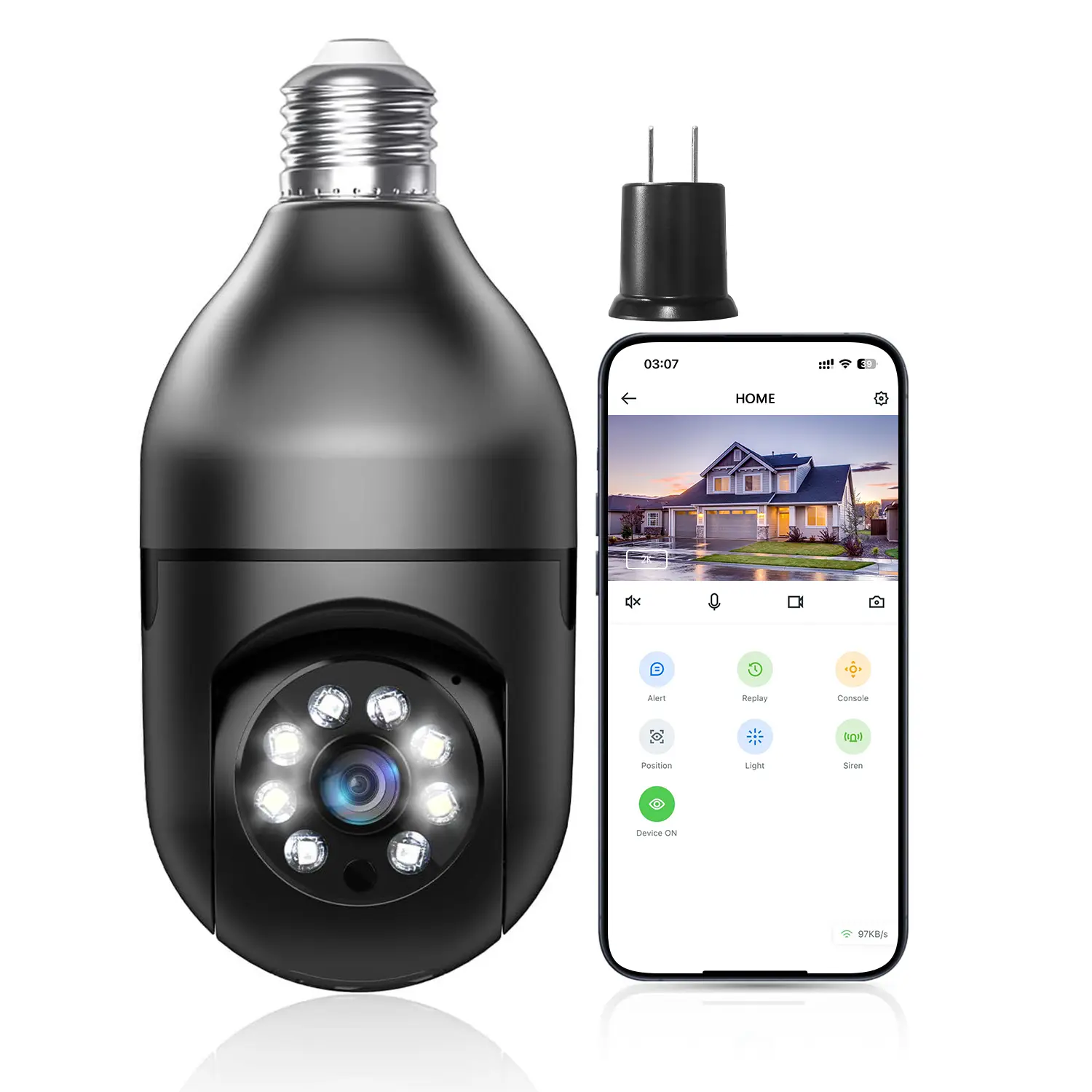 1080P WiFi Light Bulb Security Camera - Wireless Outdoor, 360° View, Motion Sensor, Siren Alarm, 2-Way Audio, Color Night Vision, Black, Micro SD Compatible, Ceiling Mountable, Smart Home Gadgets for Monitoring, Home Security