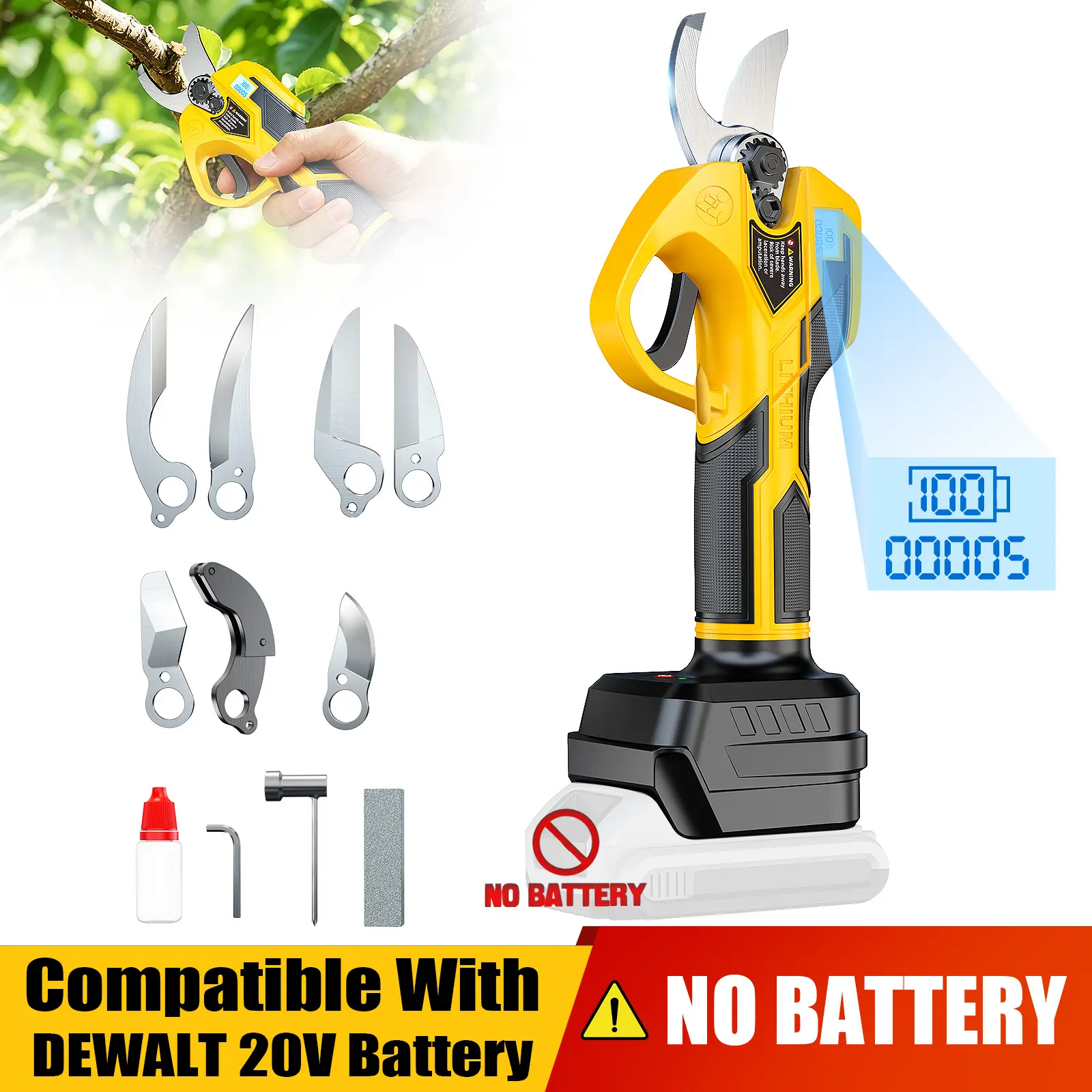 Brushless Electric Pruning Shears Compatible with DeWalt 20V Battery【Battery NOT Included】, Cordless Tree Trimmer with 30mm Max Cutting Opening, 2-Speed Adjustable, LCD Display Battery Level & Mode, SK5 Steel Blade for Garden Orchard