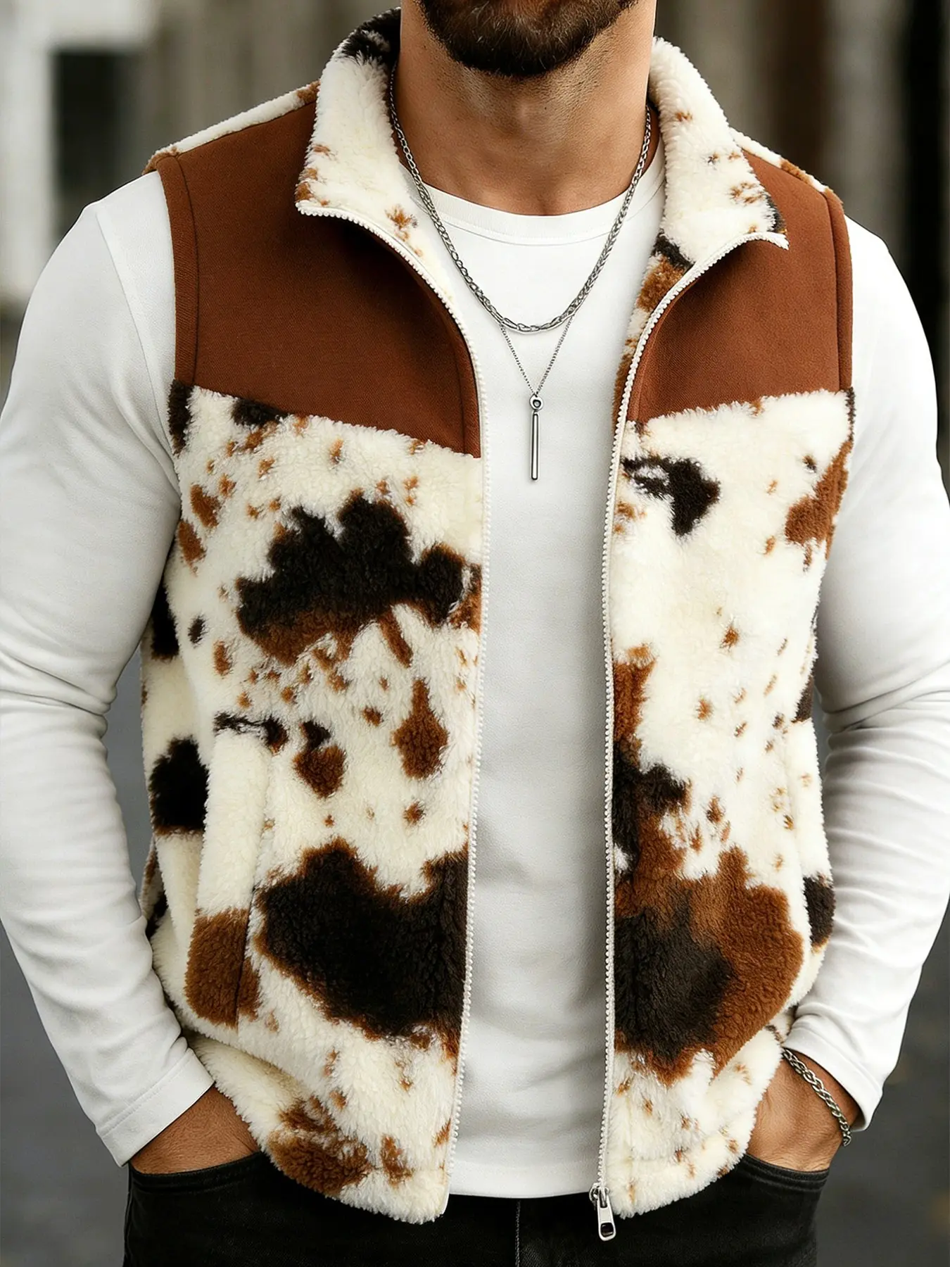 Men's and women's styles of spring and autumn Sleeveless Gilet, Sleeveless vests, cowhide pattern lambskin fleece-lined jackets, Western-style streetwear with thermal insulation design, Brown color clash, perfect for streetwear, versatile