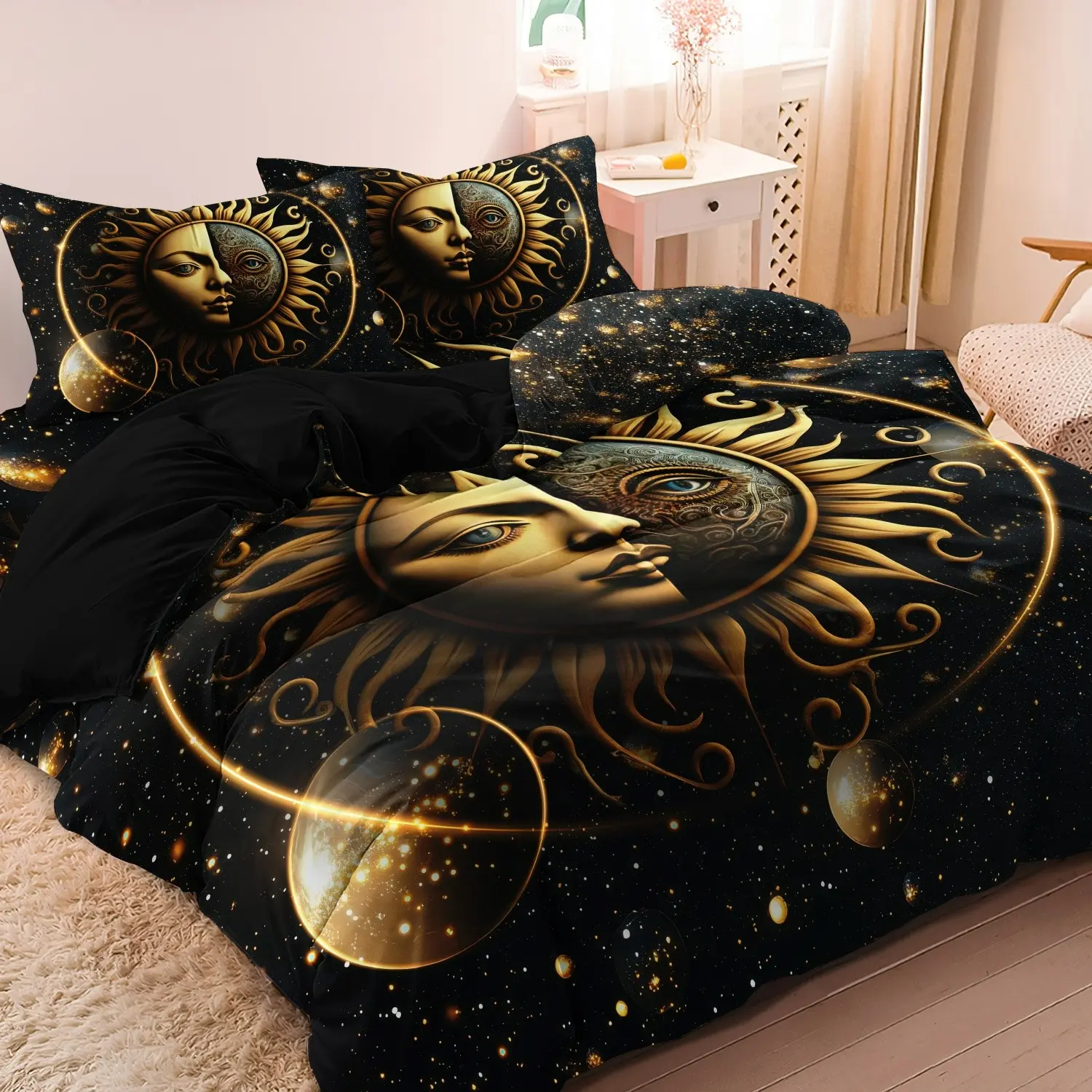Celestial Sun And Moon Duvet Cover Set, Decorative Duvet Cover, Soft Breathable Polyester, Digital Print All-Season Bedding With Pillowcases, Machine Washable, Starry Night Bedroom Decor, 1 Duvet Cover+2 Pillowcases, No Core