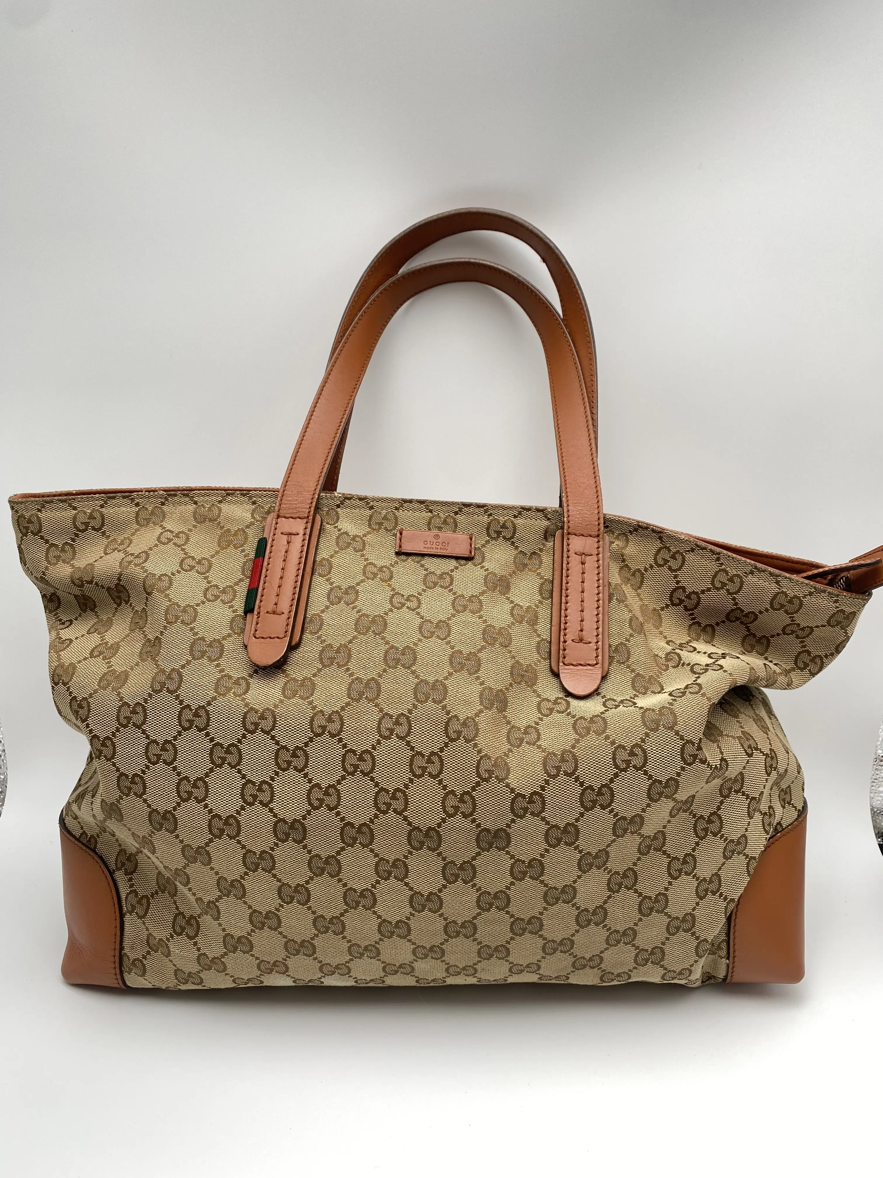 Pre-owned GUCCI Original GG Canvas Leather Trim Web Accent Tote Bag