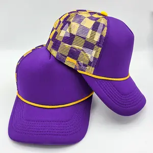 Purple & Gold Checkered Foam Trucker Hat