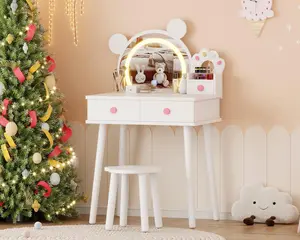 Kids Vanity Set with Lights,Bear-Shaped Make Up Vanity Desk with Mirror&Stool,Wooden Princess Toddler Make Up Table Set for Bedroom,Pretend Play Vanity Sets for Little Girls