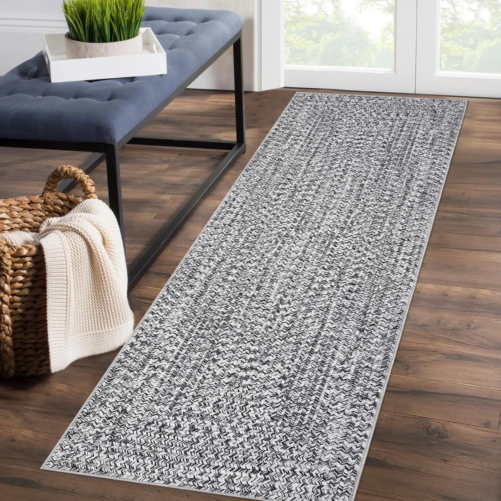 Garvee Washable Runner Rugs 2x8 for Hallway Solid Braided Printed Rug, Non-Slip Bathroom Washable Kitchen Rug Neutral Stain-Resistant Low Pile Carpet for Bedroom Laundry,Light Grey