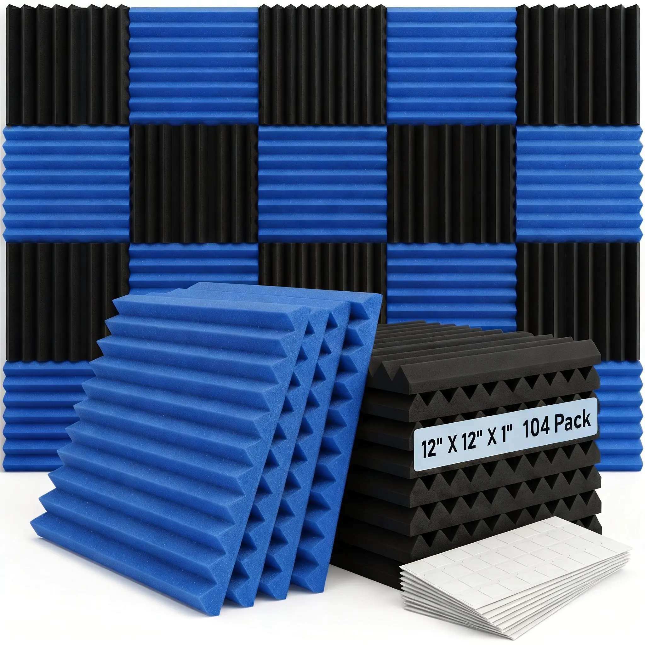 104 pieces of black and blue soundproof foam panels are suitable for walls, 1 X 12 X 12 inch (about 30 * 30 * 2.5 cm) soundproof foam panels, high-density sound-absorbing panels, and noise reduction studios