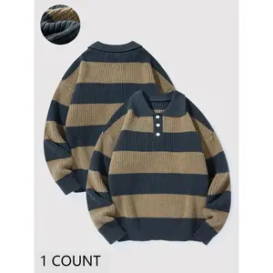 Men's Colorblock Striped Print Polo Collar Sweater, Regular Fit Casual Long Sleeve Jumper for Fall & Winter, Men's Knitwear for Daily Wear