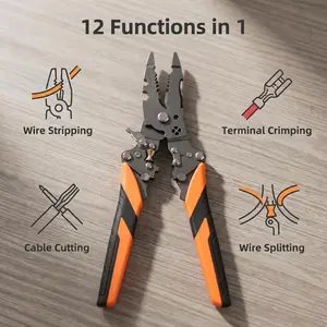 12-in-1 Foldable Professional Electrician Pliers, Heavy-Duty Multipurpose Hand Tools with Wire Stripper, Crimper, Cable Cutter, Wire Splitting & Looping Functions, Ergonomic Grip Essential Hardware Tools for Cutting Tasks Wire Stripping Machine Wirepliers