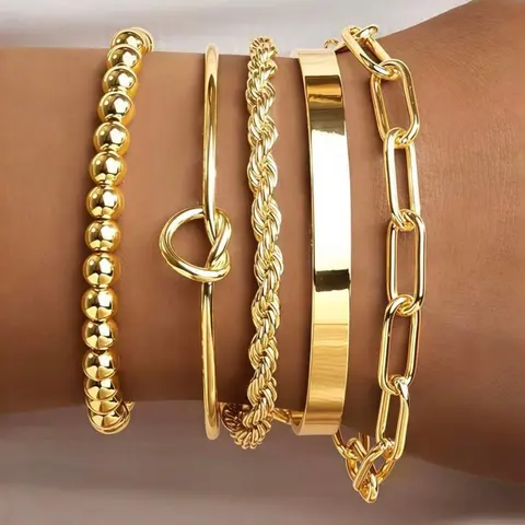 5pcs 18K Gold Plated Women's Bracelets Set, Includes Curb Chain, Braided, Paper Clip, Twist Flower, Beaded Chain Bracelets, Layered Gold Tone Bangles, Bohemian Style, Elegant Jewelry, Stackable Bracelets