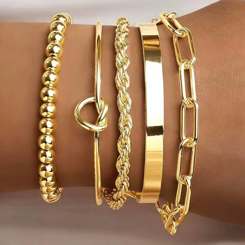 5pcs 18K Gold Plated Women's Bracelets Set, Includes Curb Chain, Braided, Paper Clip, Twist Flower, Beaded Chain Bracelets, Layered Gold Tone Bangles, Bohemian Style, Elegant Jewelry, Stackable Bracelets