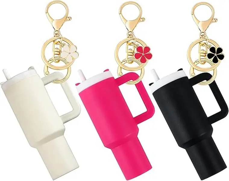 Women's Functional PLA Body Mini Tumbler Keychain - Cute Mini Cup, Removable Lid, Chapstick Holder, Alloy Flower Charm, 2" Long, 3.94" Tall, 1.18" Wide, Easy to Carry Trendy Everyday Accessory, Exquisite Thanksgiving Gift for Bags/Backpacks
