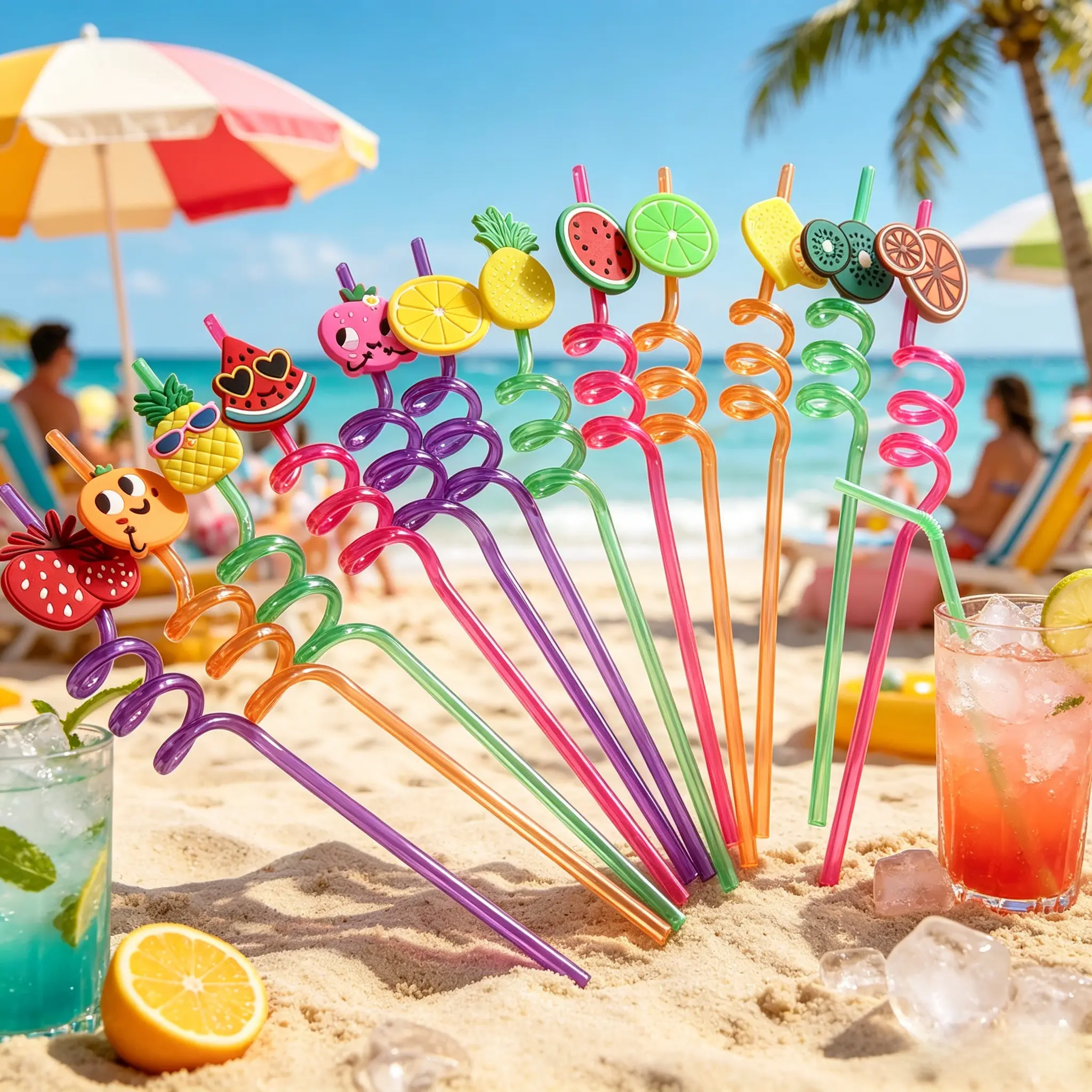 Eco-Friendly Reusable Cute Fruit Spiral Plastic Flexible Straw Set, Home Bar Cocktail Accessories, Party Favors for Summer Drinks & Birthdays