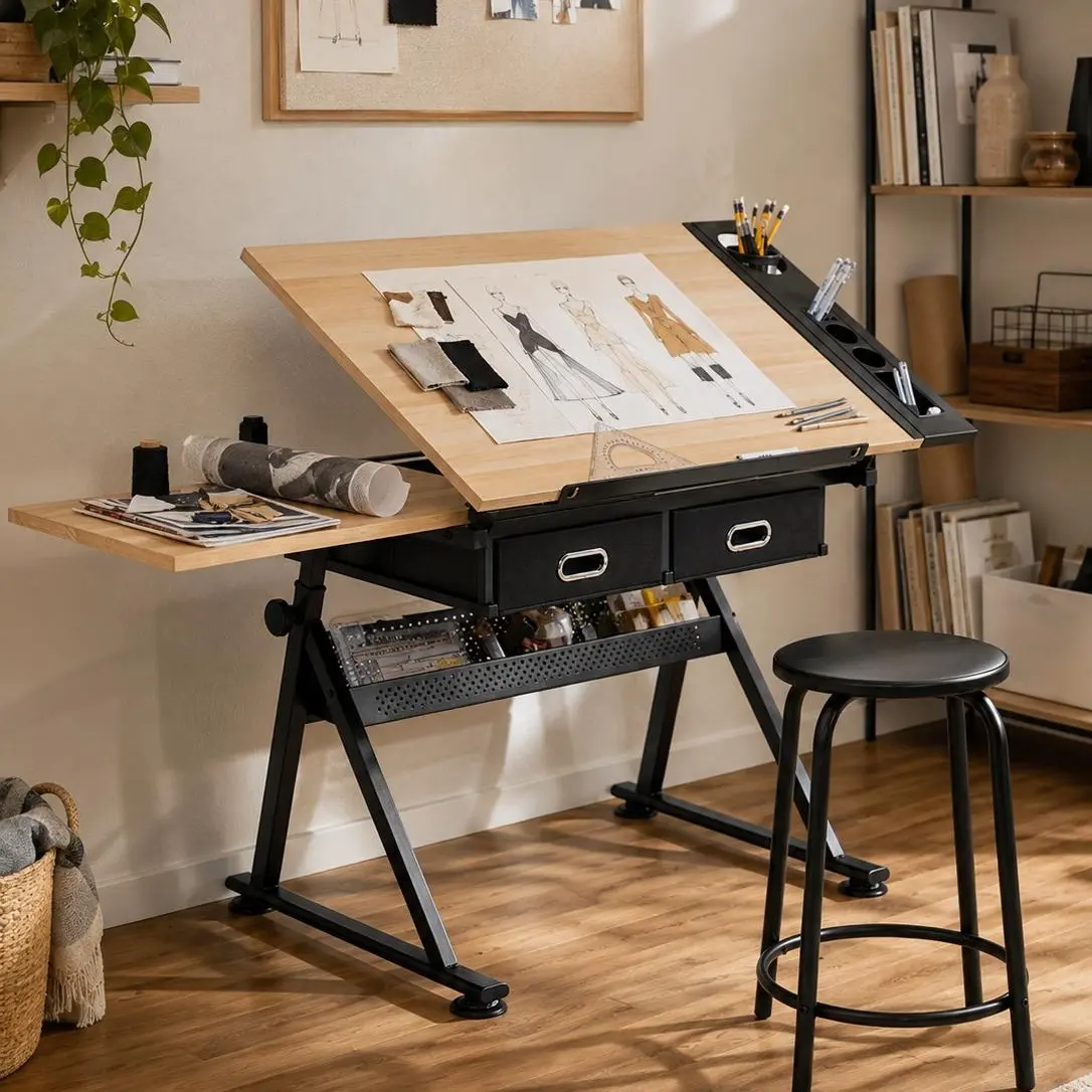 Yaheetech Commercial Style Drafting Table & Stool Set, Height-Adjustable Drawing Table Art Craft Desk with 2 Storage Drawers, for Home Office, Commercial Style Drafting Tables tiktokshopbacktoschool, Sturdy, Artists, 23.6×15" Ref Top, Powd