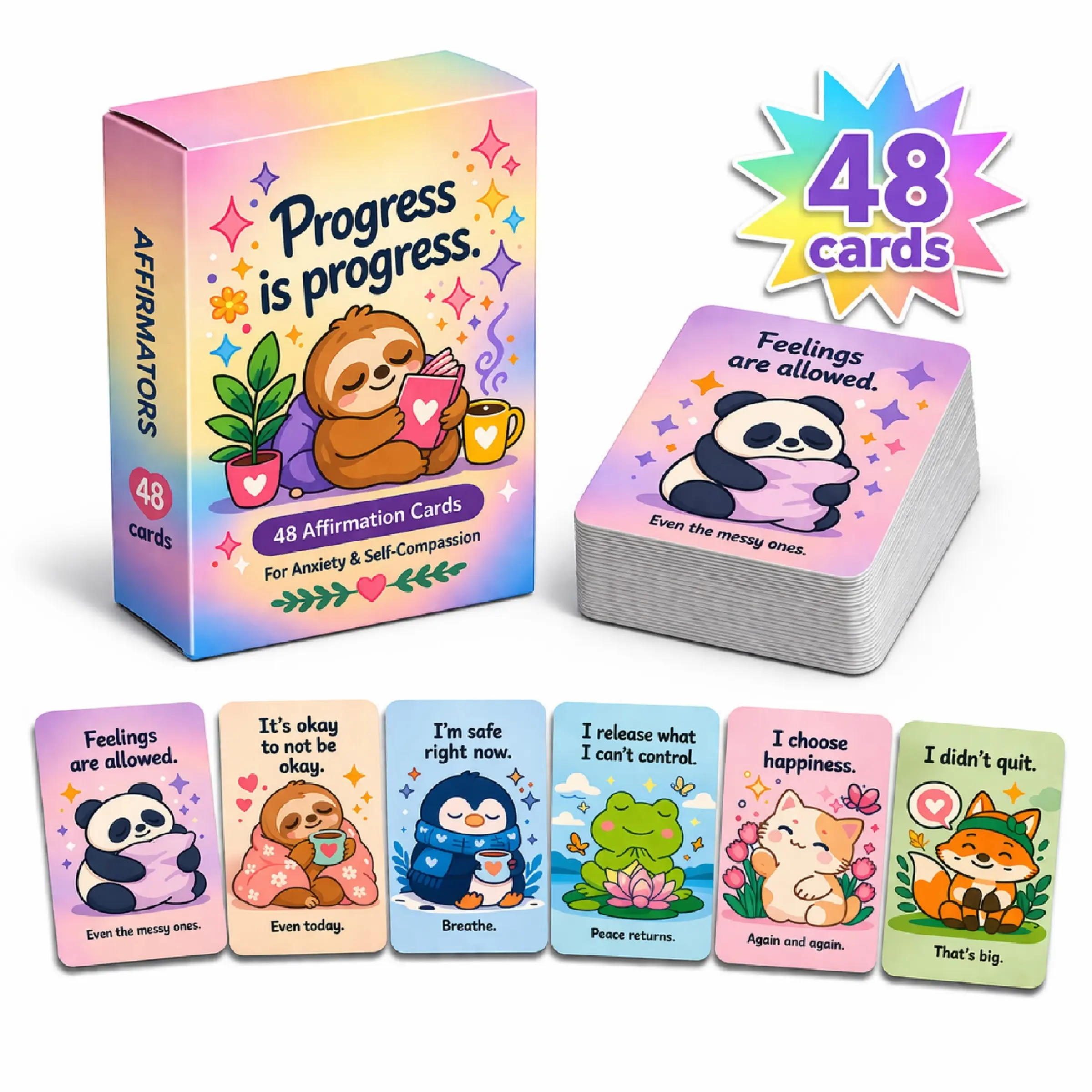 48 Affirmation Cards, Affirmations Card Decks for Anxiety, Self-Compassion & Relief - Sloth Positive Affirmations Deck, SEL Emotional Support Cards to Reduce Overthinking & Boost Motivation, Mindfulness Self Care Gifts for Teens & Adults