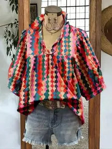 Women's Ruffled Trim Blouse, Casual V Neck Nine-point Sleeve Top for Summer, Women's Clothing for Daily Wear, Boho Floral Print Womenswear, Lady Casual Blouse Shirts, Boho Style Multicolor Shirt