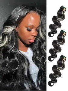 AUROO Platinum Blonde Highlight Black Mix Color 3 Bundles Body Wave Human Hair, 100% Remy Hair Thick Track Bundles #F1B/613 Ombre Skunk Stripe Balayage Colored Human Hair Bundles
