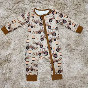 Brown long sleeves constructions printed zipper sleeper baby boy romper