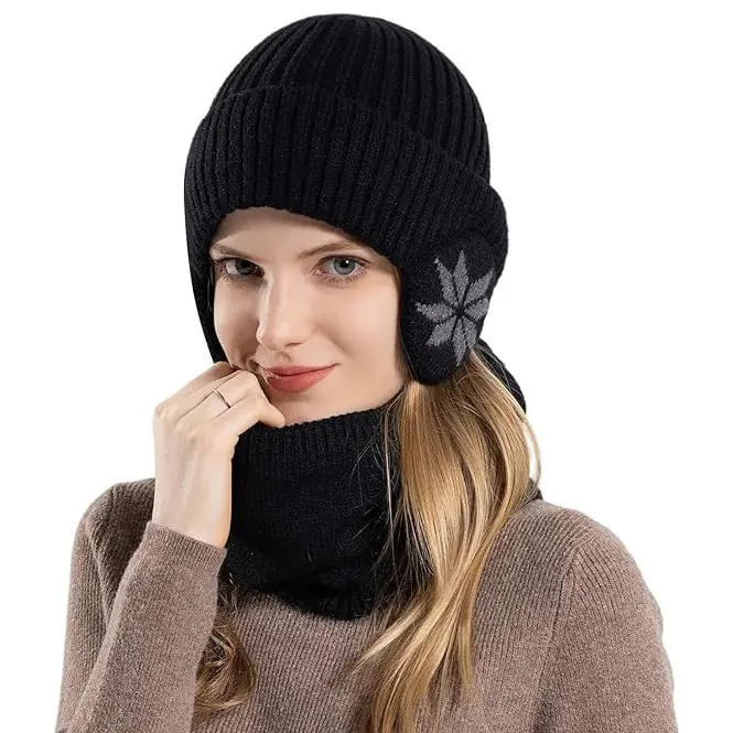 Peruvian Circle Women Winter Beanie Hat with Face Shield, Sherpa Ski Ear Flap, Fleece Lined, Perfect for Snow Exploration