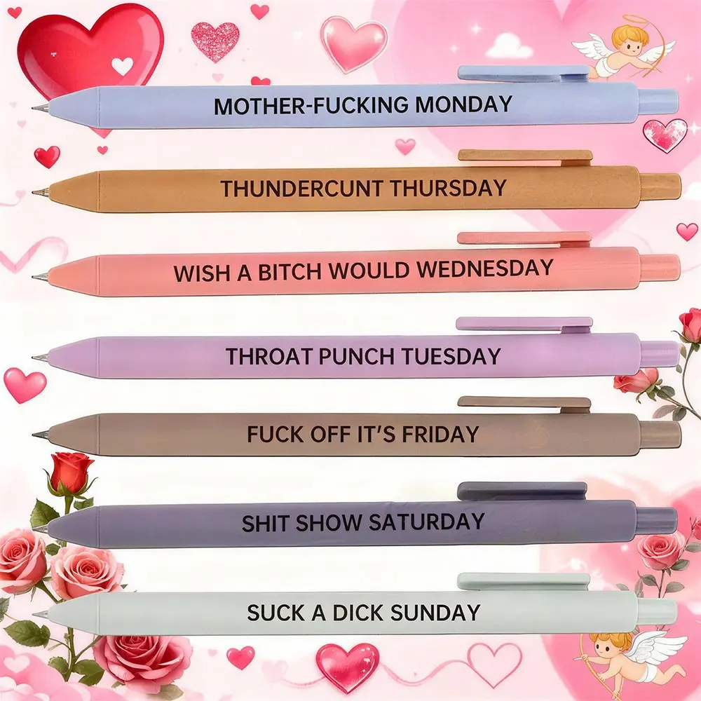 7pcs Funny Design Ballpoint Pen Set, Humorous Ballpoint Pens, Seven Days Of The Week Pen Describing Mentality, Black Ink Gift Pen, Desk Office Accessories, Office Stationery, Office Supplies, Teacher Gifts, Summer New year Gift, Ball Point Pens