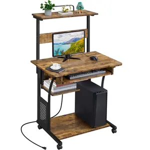 Yaheetech 3 Tiers Rolling Computer Desk on Wheels with Charging Station and Keyboard Tray, Mobile Home Office Desk PC Laptop Workstation with Power Outlet and USB Ports for Home Studying