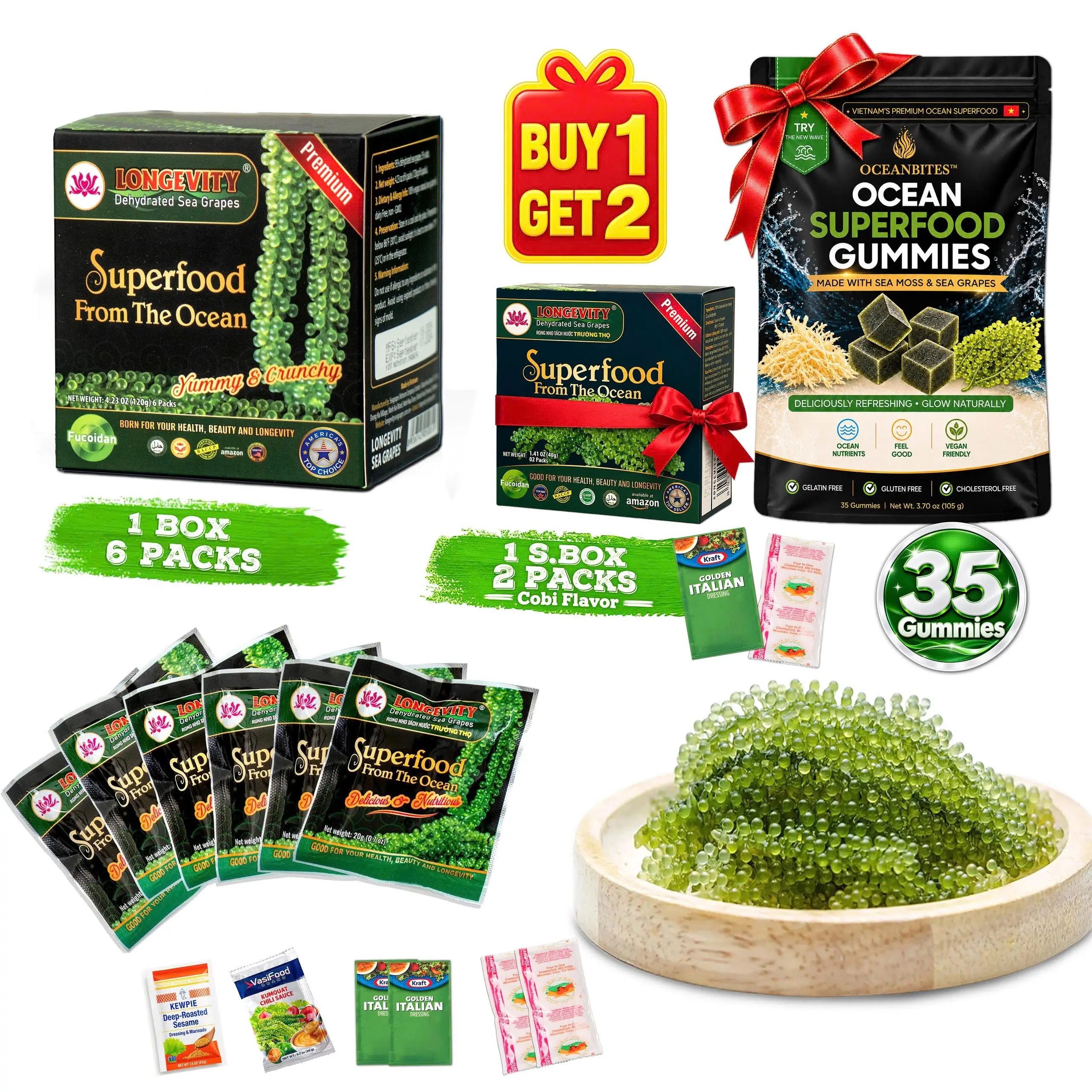 [Buy 1 Get 2] Longevity Dehydrated Sea Grapes 6 Packs of 4.23 oz Green Caviar Umibudo Latok Seaweed Organic Premium Quality Crunchy Flavor Superfood From The Ocean