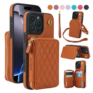 Crossbody Wallet Case for iPhone 17 Pro Max 17 Air 17 Pro 16 15 14 13 12, RFID Blocking PU Leather Zipper Handbag Purse Flip Cover, Kickstand Folio Case with Card Slots Holder Wrist Strap Lanyard