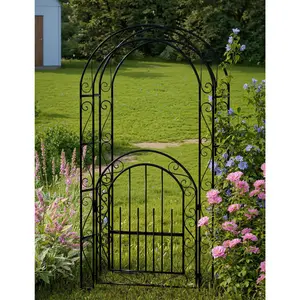 Heavy Duty Steel Garden Arch with Gate and Rust Resistant Finish, Black Metal Trellis for Climbing Plants, Outdoor Arbor for Weddings Patio Lawn Backyard, Easy Assembly