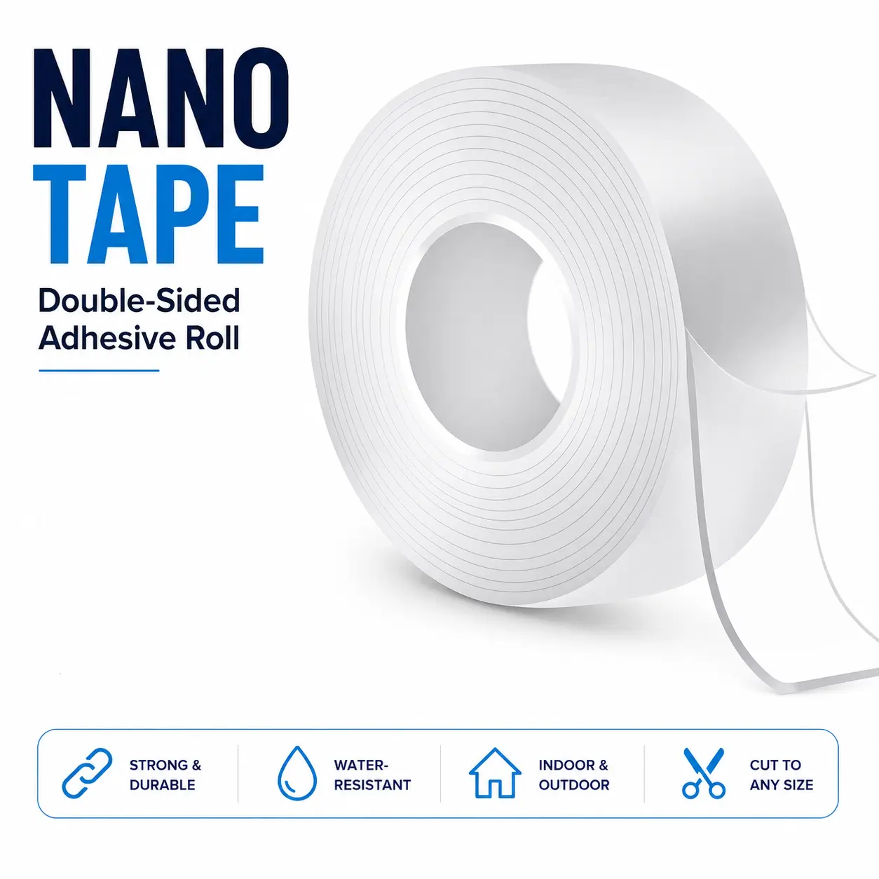 Nano Tape Double Sided Adhesive Roll, Heavy Duty Strong Hold Residue Free Clear Mounting Tape, Waterproof Reusable Multi Surface Tape for Glass Tile Metal Wood Wall, Indoor Outdoor Use Cut to Any Size for Home Office DIY photo wall
