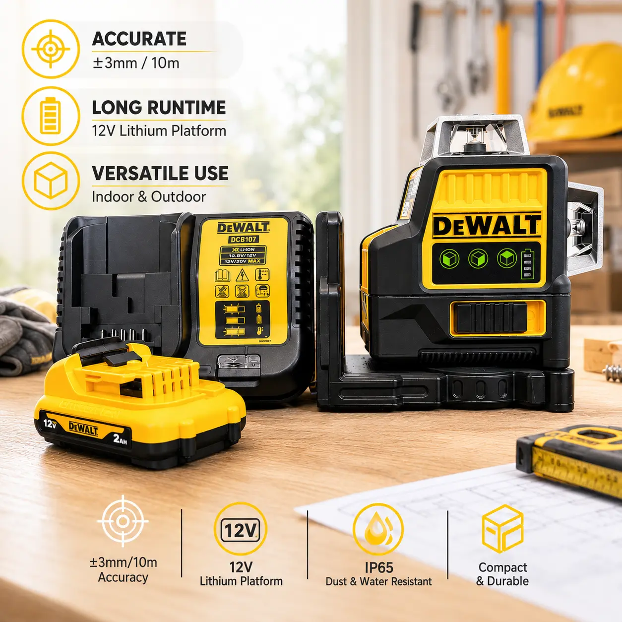 DEWALT 360 Degree 12 Lines Green Laser Level 3 Sides Vertical 12V Lithium Battery Meter for Construction and DIY