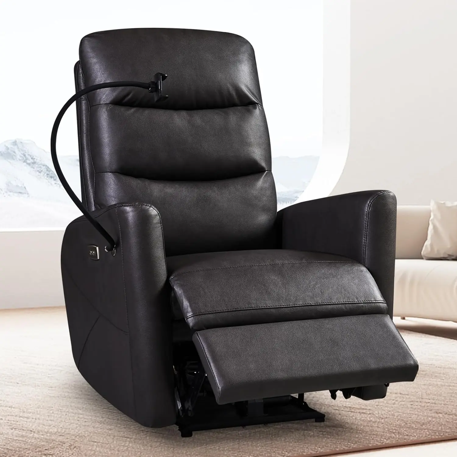 Modern Ergonomic Leather Small Power Recliner Chair with Footrest, High Elastic Sponge, Extra Thick Sponge Padding, USB Port, Phone Holder - Adjustable Single Sofa for Elderly Adults, Ideal for Small Space Living Room (Indoor Furniture, Modern Furniture)
