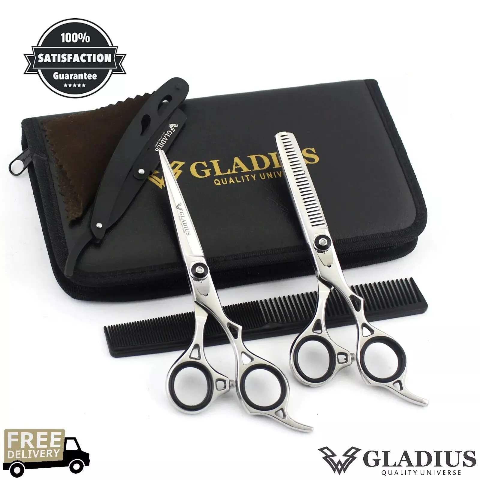Men's Professional High Performance Multi-Use Stainless Steel Hair Cutting Thinning Scissors Barber Shears Set - Hairdressing Salon Essential Tools, Razor Blade Set with Handle Hair Care Steel Comb