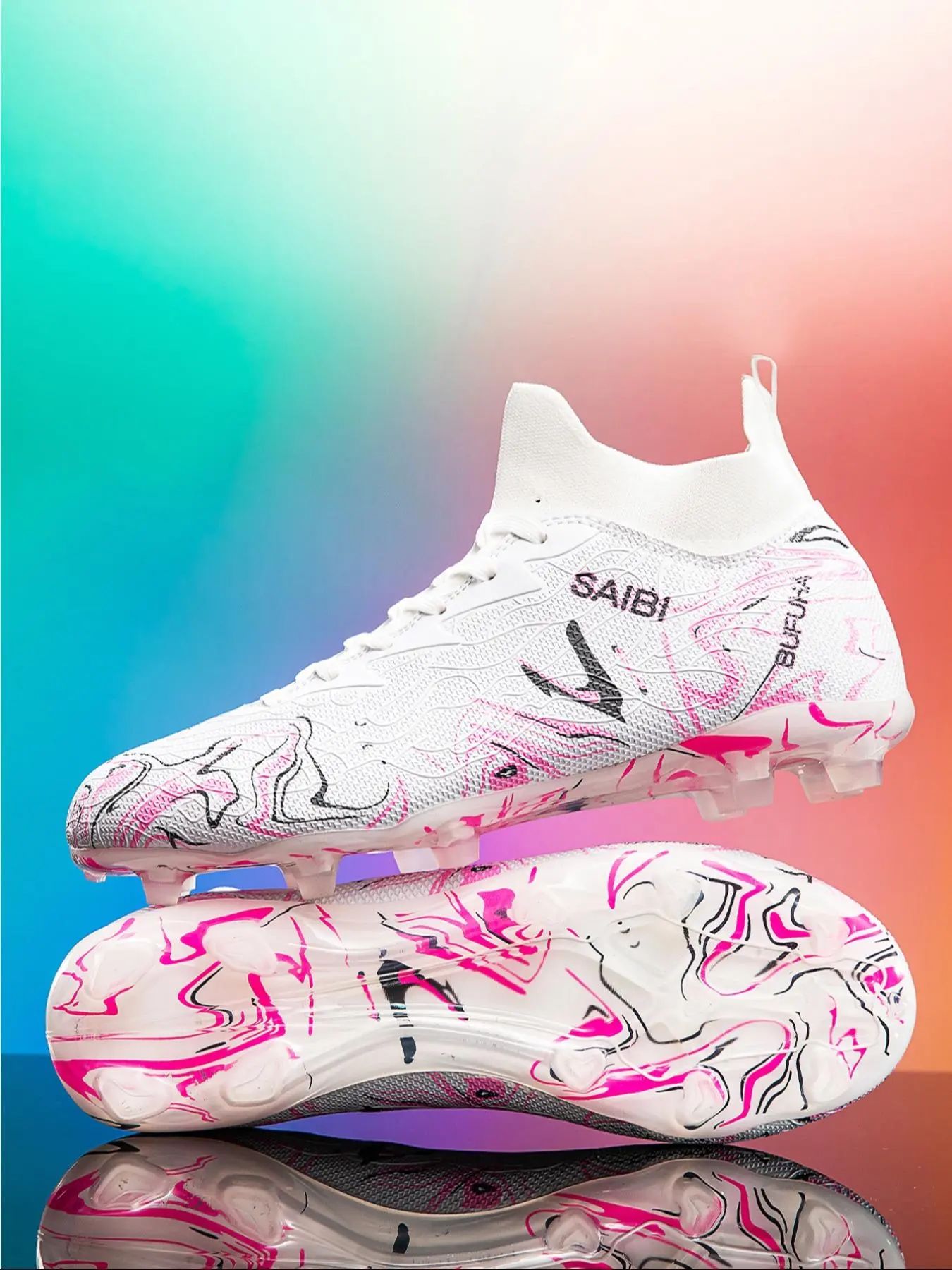 Men's High Top Football Shoes, Random Pattern Lace Up Soccer Shoes, Sports Football Shoes, Football Cleats, Soccer Boots, Comfortable Breathable Football Shoes for Outdoor Training & Competition