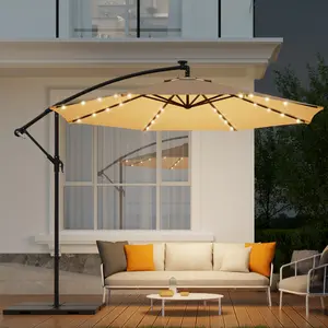 【Umbrella base sold separately】Erommy 10ft Solar Lighted Patio Umbrella,Outdoor Offset Cantilever Umbrella, Infinite Tilt, Crank and Cross Base, UV Protection for Backyard, Lawn, Garden & Pool, Beige