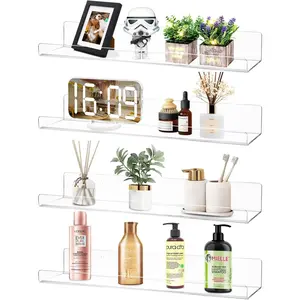 Dezzer 4 Pack Acrylic Shelves for Wall, 15" Clear Acrylic Floating Shelves for Bathroom Bedroom, Invisible Bookshelf Wall Ledge Storage Shelf Books Perfume Toys Action Figure Display Shelves