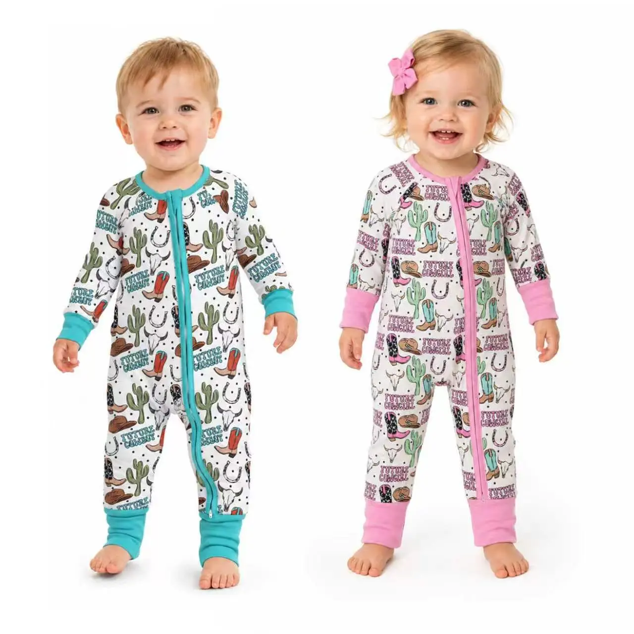 Infant Boys' Wild West Sleep Suit, Bull Skull Print Long Sleeve 1-Piece Zipper Pajama Romper for Baby, Infant Pajamas, Sleepwear Outfits, Rompers, Crew Neck, Graphic, Western Theme, Toddler Size Baby Boys Sleepwear, Front Zipper, Easy Dressing, Casual, Ru