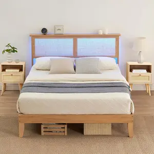Queen Size Rattan Bed Frame, Rattan Bed with LED Light & Natural Headboard, Boho, Storage Space Underneth, Sturdy Wooden Slats Support, No Box Spring Needed, Queen