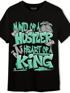 Plus-Size Men's Clothing MIND OF A HUSTLER HEART OF A KING Black T-Shirt - Bold Green Graffiti Style Print, Urban Streetwear Design with Dollar Bill and Money Bag Illustrations - Trendy Casual Tee for Hustlers and Kings