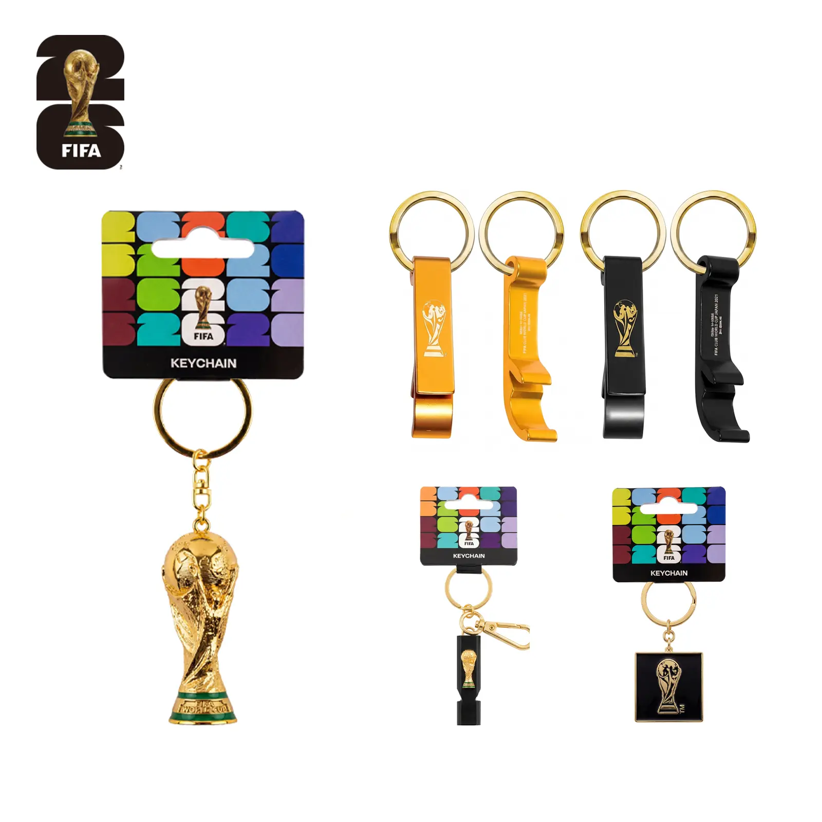FIFA Official Licensed 2026 5-Pieces Football Fashion Keychain Collector's Edition - 3D Trophy Replica, Bottle Openers, Whistle, Enamel Keyring, Oval Charm - Casual Matching Keychains Soccer Souvenir Gift for Fans' Anniversaries, Watch Parties - Black, Wa