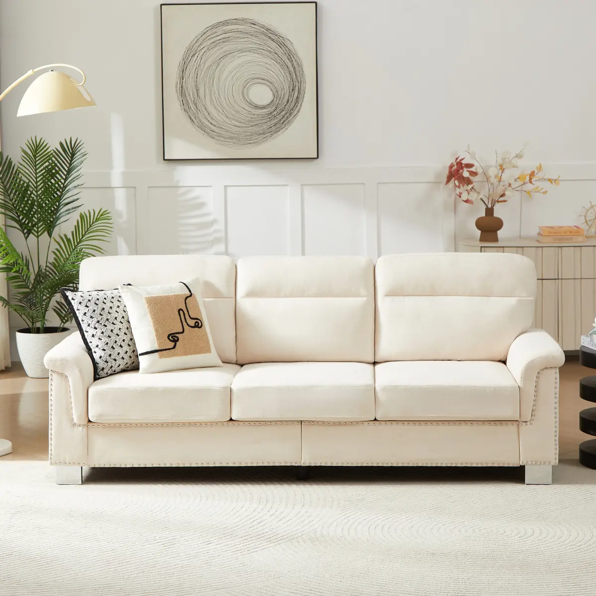 82" Modern 3-Seater Couch Sofa with Medium-Soft Deep Seats, Wide Cozy Armrests, Compressed Snowfleece Fabric, Comfy and Solid Wood Frame | Easy Assembly, Living Room, Bedroom, Office, Beige