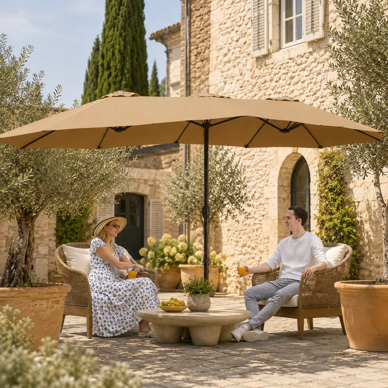 【Crazy Price】Yaheetech Massive 15/13ft Double-Sided Patio Umbrella | Heavy Duty & 2 Sandbags Included, Easy Crank for Garden Pool and Lawn