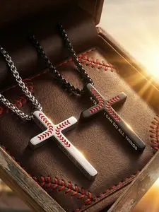 2-piece Baseball Cross Necklace with 4:13 Bible Verse Cross Pendant Necklace, Black and Silver Necklaces for Boys and Men / 316L Stainless Steel / Colorfast / Hypoallergenic / Couples / Festival / Party / Ideal Gift