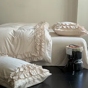 3-Piece 120G Washed Fabric Double Layer Ruffles Decorative Bedding Set, Ultra-Soft Fabric, Includes 1Pc Duvet Cover &2Pcs Pillowcases, Korean Style Design, Perfect for Girls' Room Decor, Soft Bedding Sets