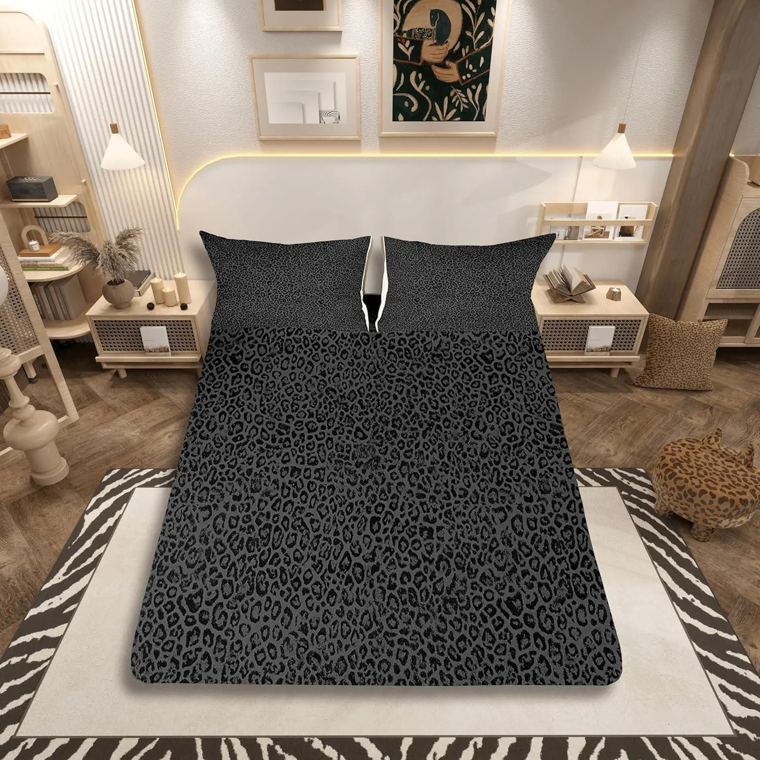 Black Leopard Print Fitted Sheet Cheetah Print Bed Sheets Set 16" Deep Pocket Modern Art Bedding Safari Bedroom Decor Soft（No Flat Sheet）