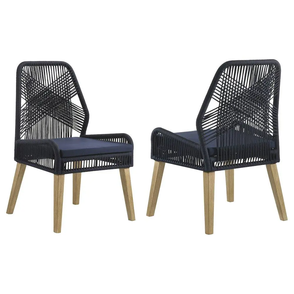 Nakia Woven Rope Mahogany Wood Armless Dining Chairs, Dark Navy, Set of 2, Foam-Padded, Open-Airy Design, Ideal for Coastal Cottages, Lakeside Retreats