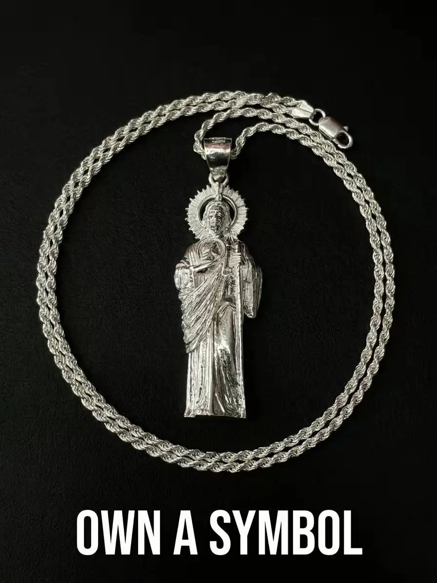 925 Sterling Silver Polished Saint Jude Pendant Necklace with Rope Chain, Classic Unisex Faith Statement Catholic Patron Saint Jewelry for Personal Use, Confirmations, Daily Wear